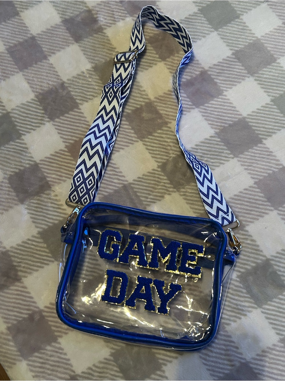 Clear Game Day Crossbody Bag with Chevron adjustable Strap blue & white New